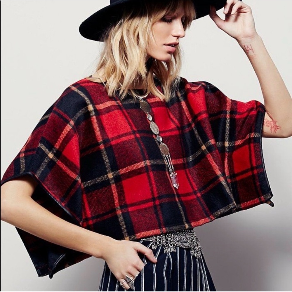 Free People Newbury structured black and red plaid cropped poncho